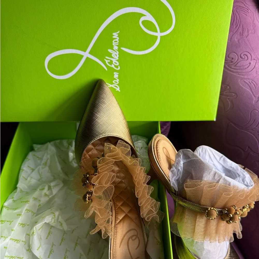 Sam Edelman Gold Heels with Ruffle Detail - Picture 1 of 1